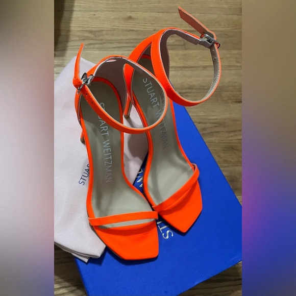 Stuart Weitzman Nudistcurve 100 Sandal in Orange Neon Blaze - Picture 1 of 11
